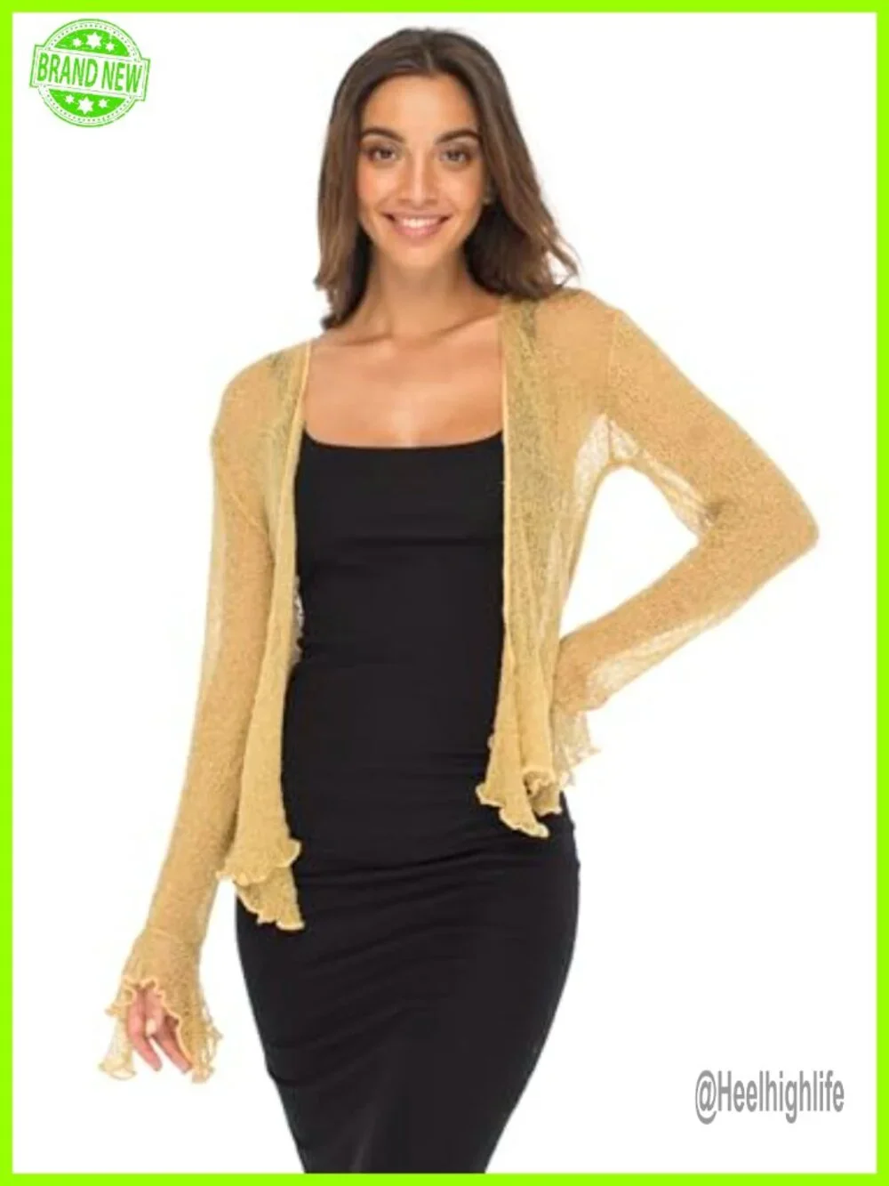 Sheer Shrug Bolero Cardigan Long Bell Sleeves Cropped Lightweight Knit
